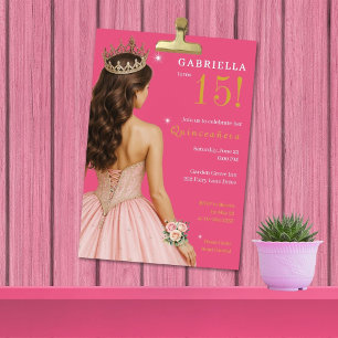 Convite Partido da Princesa Rosa Elegante Quinceañera