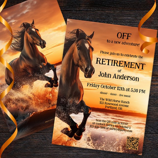 Convite Partido da Reforma Costeira da Liberdade dos Caval (Retirement party invitation featuring a painting of a wild running horse on the beach. )
