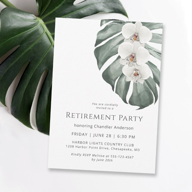 Convite Partido da Reforma do Paraíso Tropical das Orquíde (Contemporary styling in this retirement party invitation, available as digital download & printed.)
