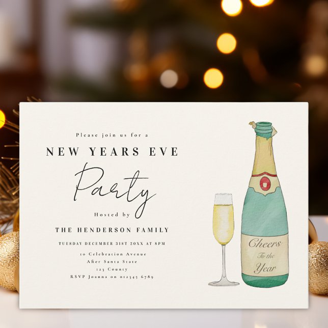 Convite Partido da Véspera de Ano Novo da Aquarela Minimal (Cheers to the year New Year’s Eve party custom invitation modern minimalist watercolor)