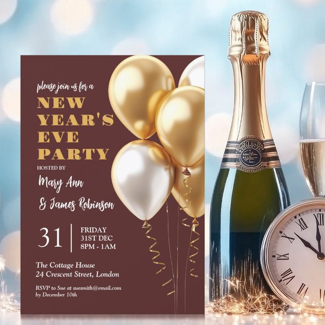 Convite Partido da Véspera de ano novo MODERNA Dourado Bal (MODERN New Years Eve Party Gold Balloons Burgundy Invitation)