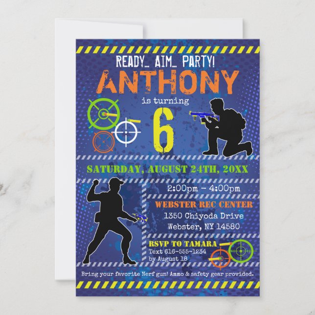 Convite Partido Dart Wars Blaster Gun Birthday (Frente)