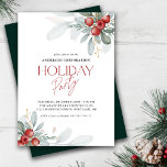 Convite Partido das Férias do Office Elegante Winter Green<br><div class="desc">Convite para festas de férias clássicas com elegante verde e bagas de inverno. O design é acentuado com o texto do estilo manuscrito vermelho de tendência.</div>
