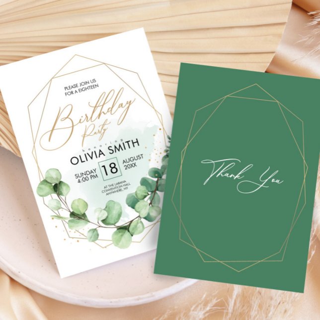 Convite Partido de Aniversário Feliz Moderno Eucalyptus Gr (Modern Happy Birthday Party Eucalyptus Greenery Invitation, 18th Birthday)