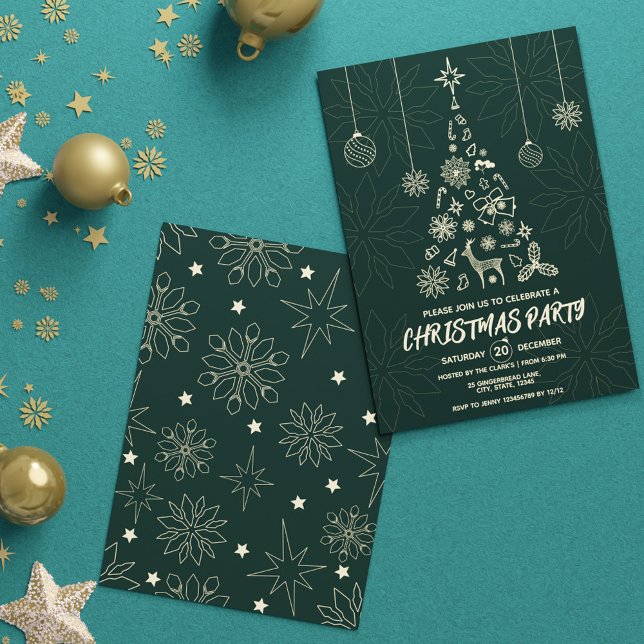 Convite Partido de Árvore Elegante Verde e Dourado Escuro  (Modern Dark Green and Gold Elegant Xmas Tree Party Invitation)