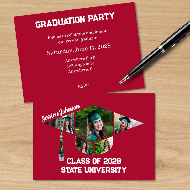 Convite Partido de Colagem de Fotos em Forma de Graduação  (Matching Modern Red Graduation Party Invite with 6 Photos)