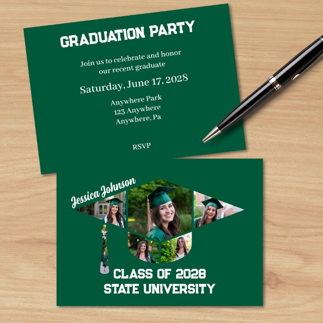 Convite Partido de Colagem de Fotos em Formas de Graduação (Modern Green Photo Graduation Party Invite with a Photo Collage in the Shape of a Grad Cap)