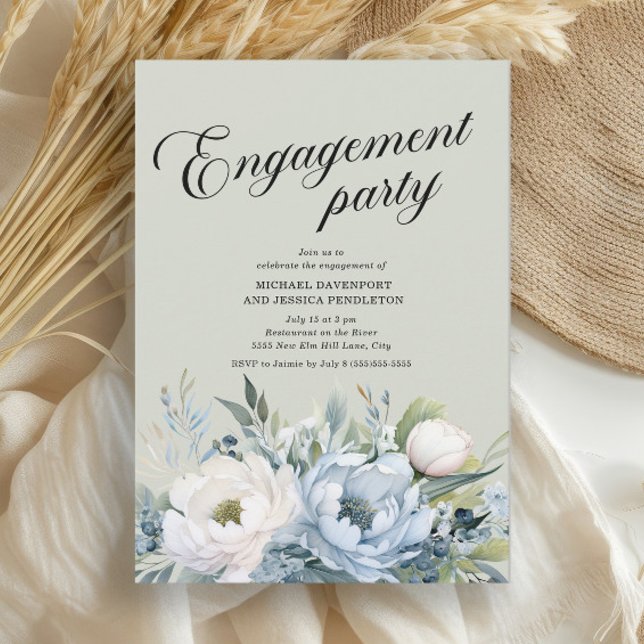 Convite Partido de Compromisso Verde da Sala Azul Dusty (Dusty blue and white watercolor floral engagement party invitation)