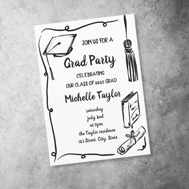 Convite Partido de Desenho de Mão Única e Simples (black and white doodle grad party invitation with wavy frame, grad hat, diploma and book)