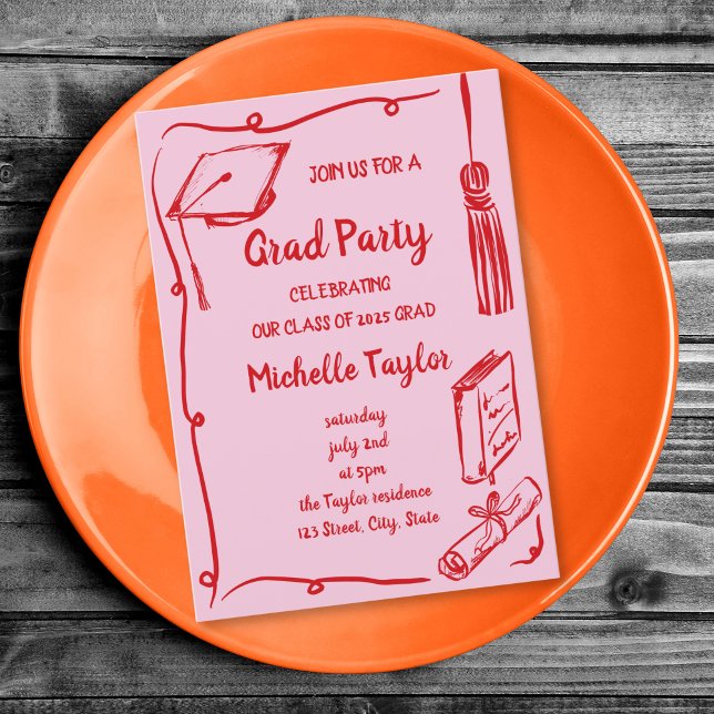 Convite Partido de Desenho Único de Mão Vermelho Cor-de-Ro (pink and red doodle grad party invitation with wavy frame, grad hat, diploma and book)