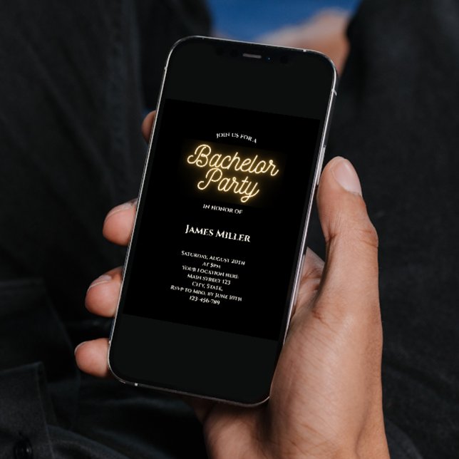 Convite Partido de Despedida de Solteiro Dourado, Na moda  (modern stylish bachelor party invitation black white gold neon sign script)
