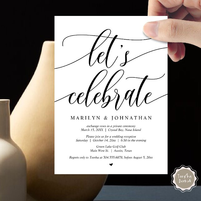 Convite Partido de Elopemento de Casamento de Celebração d (Let's Celebrate Wedding Elopement Dinner Lunch Brunch Party Invitation Card, PDF, Black White)