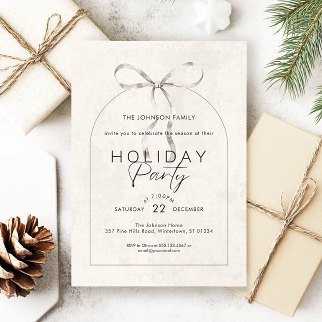 Convite Partido de Feriado de Script de Arch do Arco do Mo (Modern boho holiday party invitation with arch frame, coquette bow detail and a textured background)