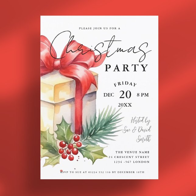 Convite Partido de Feriado do Xmas para Gift Gift do Scrip (Modern Script Watercolor Gift Xmas Holiday Party Invitation)