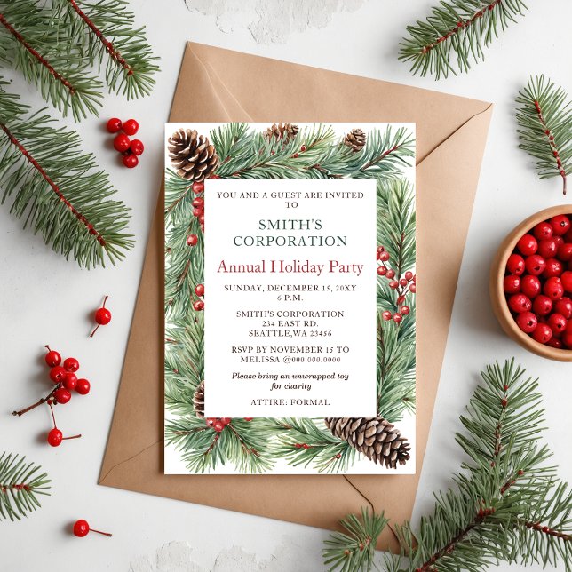 Convite Partido de Férias Corporativas de Pine Berries (Elegant Pine Berries Corporate Holiday Party Invitation)
