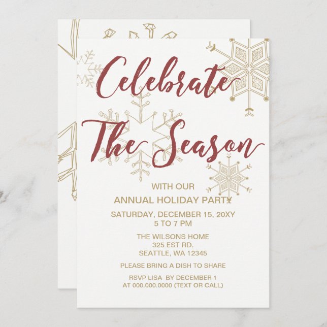 Convite Partido de Férias Modernas Vermelho e Dourado (Frente/Verso)