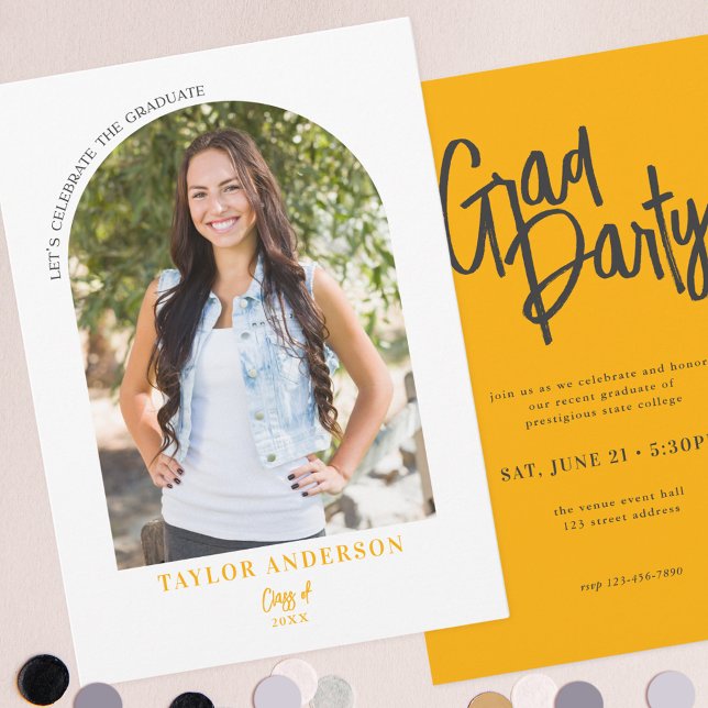 Convite Partido de Formando Amarelo da Foto do Arch de Scr (Criador carregado)