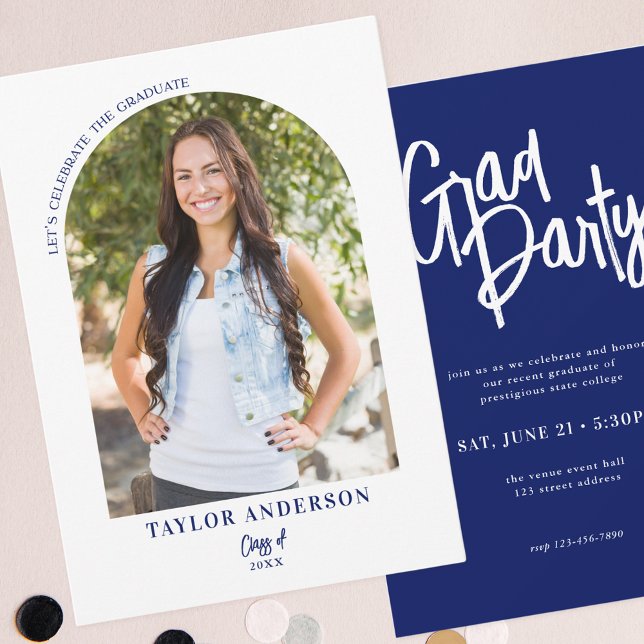 Convite Partido de Formando Azul de Foto do Arch de Script (Criador carregado)