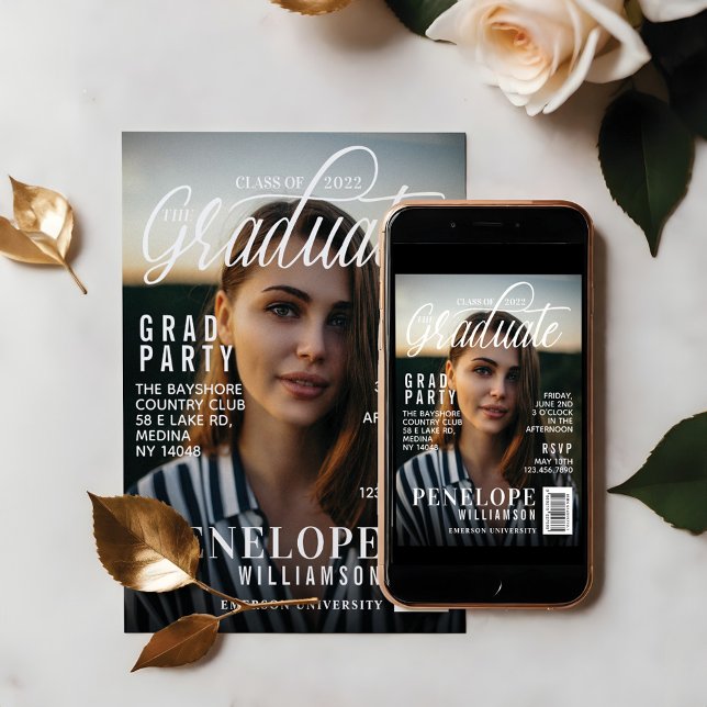 Convite Partido de Formando de Fotos do Cobrir da Revista  (Graduate Stylish Magazine Cover Photo Grad Party Invitation)