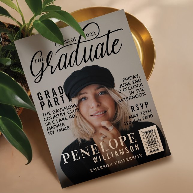 Convite Partido de Formando de Fotos do Cobrir da Revista  (Graduate Stylish Magazine Cover Photo Grad Party Invitation)