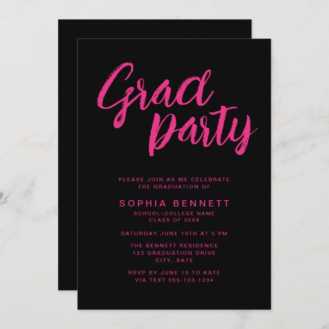 Convite Partido de Formando Preto e Rosa do Script de Pinc (Frente/Verso)