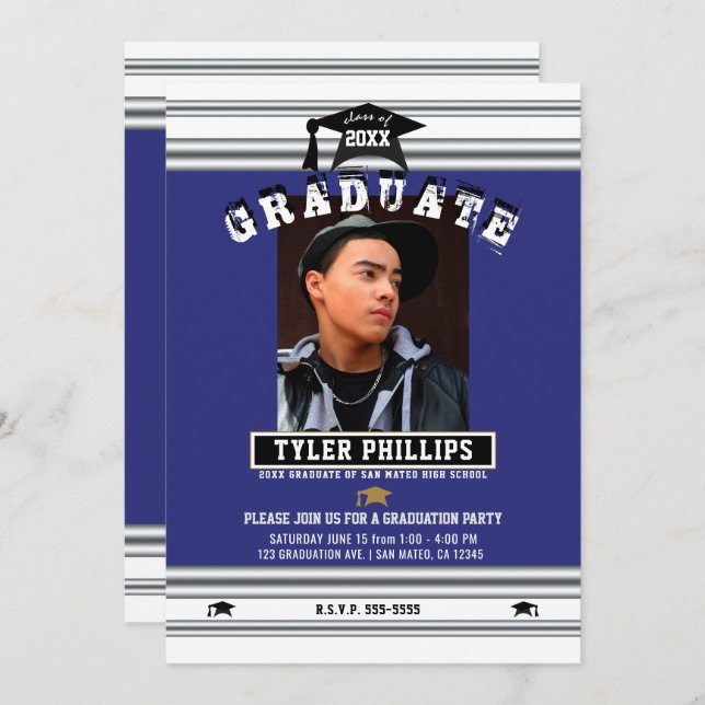 Convite Partido de Foto do Graduação Real Blue White Silve (Frente/Verso)