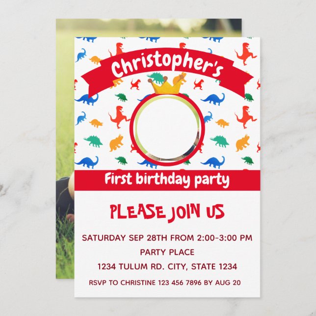 Convite Partido de Fotos Dinossauro Vermelho (Frente/Verso)