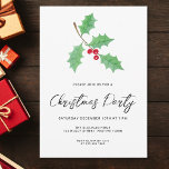 Convite Partido de Natal Holly do Script Moderno<br><div class="desc">Convide familiares e amigos para a sua festa de Natal com este convite festivo moderno e simples. É decorada com coloração aquosa,  holly verde,  bagas vermelhas e tipografia com script de na moda. Facilmente personalizável. Original Watercolor © Michele Davies.</div>