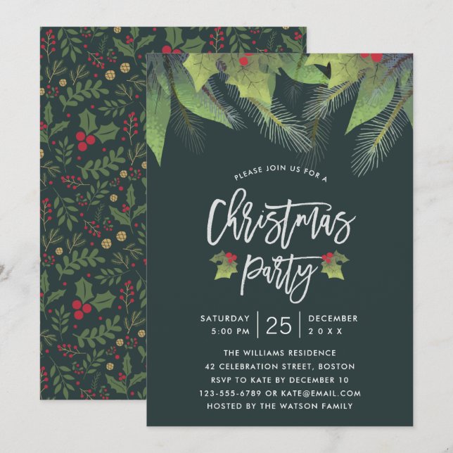 Convite Partido de Natal Verde Holly Folha de Script Moder (Frente/Verso)