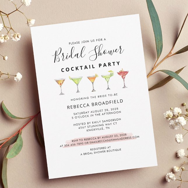 Convite Partido de Praia do Cocktail, Chá de panela minima (Modern Script Cocktail Party Bridal Shower Invitation)