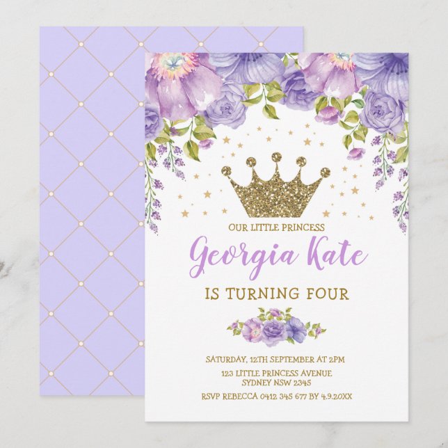 Convite Partido de primeiro aniversario floral roxo da (Frente/Verso)