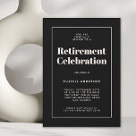 Convite Partido de Reforma Elegante Simples Preto<br><div class="desc">Simples, moderno e elegante, este Convite de festas de aposentadoria tem um apelo sofisticado. Um fundo preto com texto bege de marfim claro enquadrado por uma borda de linha fina correspondente transmite os detalhes do seu evento com estilo contemporâneo. O modelo de texto moderno é fácil de personalizar com seus...</div>