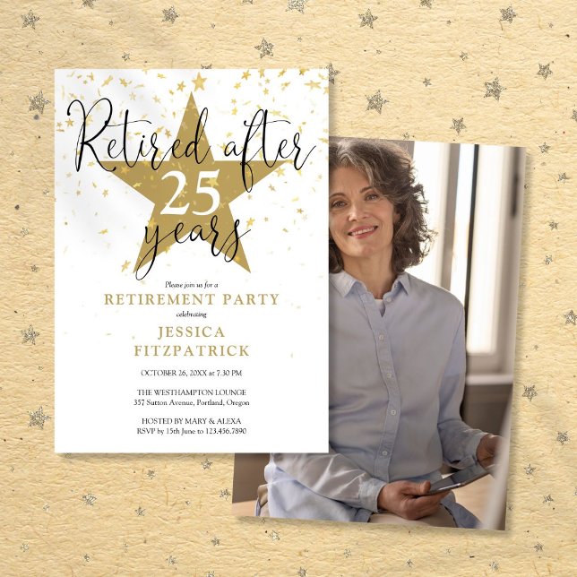 Convite Partido de Retirada de Fotos das Estrelas Douradas (Modern Gold Stars Photo Retirement Party Invitation)