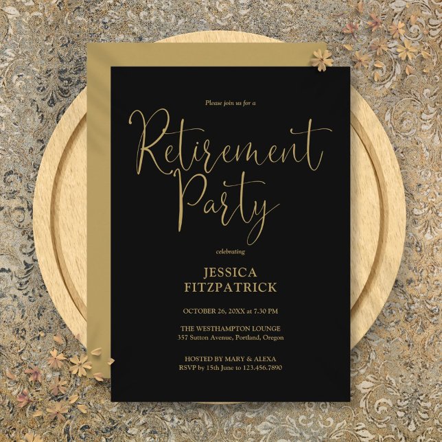 Convite Partido de Retirada Elegante Preto E Dourado (Black And Gold Elegant Script Retirement Party Invitation)
