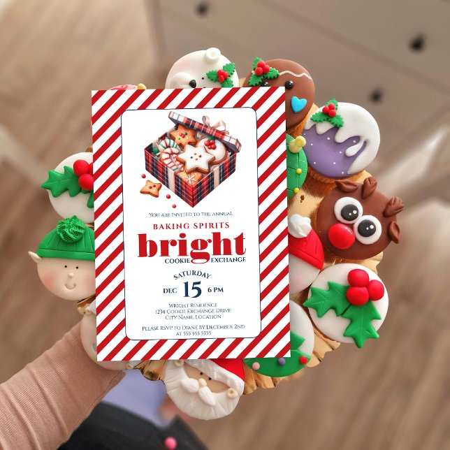 Convite Partido de Troca de Cookies Azul Vermelho (Baking spirits bright cookie exchange party invitation front view.)