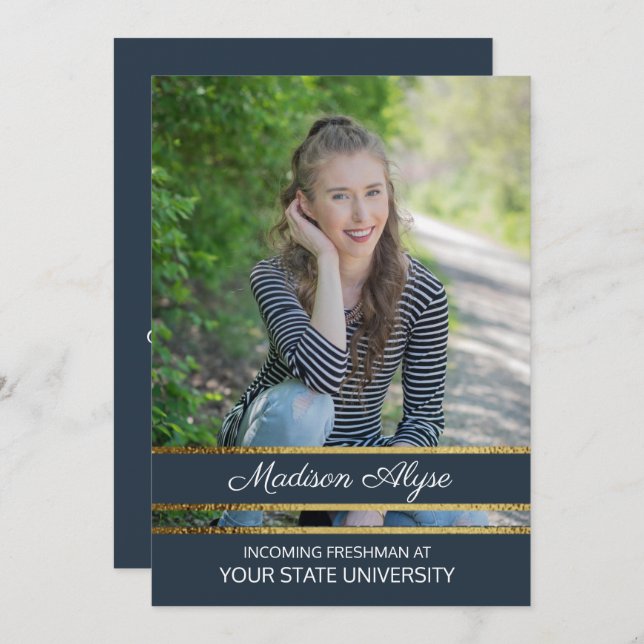 Convite Partido de Tronco de Fotografias Azul e Dourado do (Frente/Verso)