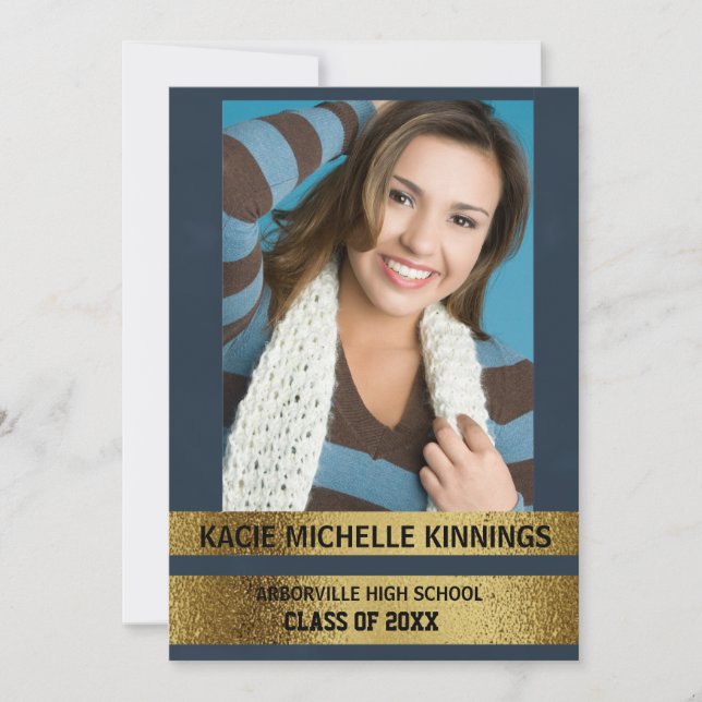 Convite Partido de Tronco de Fotografias Azul e Dourado do (Frente)