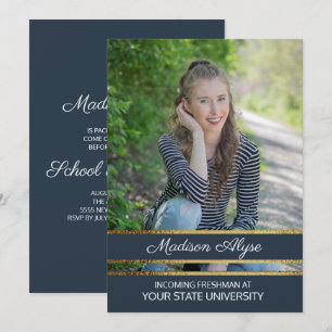 Convite Partido de Tronco de Fotos Azul e Dourado do Marin