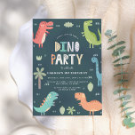Convite Partido Dino | Dinossauros Cutes Primeiro Aniversá<br><div class="desc">Celebre o primeiro aniversário do seu filho com nossos convites do Partido Dino! Esta bela design de aniversário apresenta um quadro de dinossauros coloridos e seus detalhes de festas personalizados em tipografia moderna contra um fundo azul. O reverso dos convites apresenta uma cor verde pastel. Personalize os convites de primeira...</div>