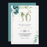 Convite Partido do aniversário de 30 anos Dourado e Eucaly<br><div class="desc">Este convite de festas de ouro e eucalipto é perfeito para uma elegante celebração de aniversário de 30 anos. O design apresenta cor d'água verde,  dourada,  folhas azuis e flores pintadas manualmente,  bem como flores arrumadas em buquês e quadros geométricos elegantes.</div>