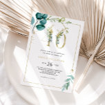 Convite Partido do aniversário de 40 anos Dourado e Eucaly<br><div class="desc">Este convite de festas de ouro e eucalipto é perfeito para uma elegante celebração de aniversário de 40 anos. O design apresenta cor d'água verde,  dourada,  folhas azuis e flores pintadas manualmente,  bem como flores arrumadas em buquês e quadros geométricos elegantes.</div>