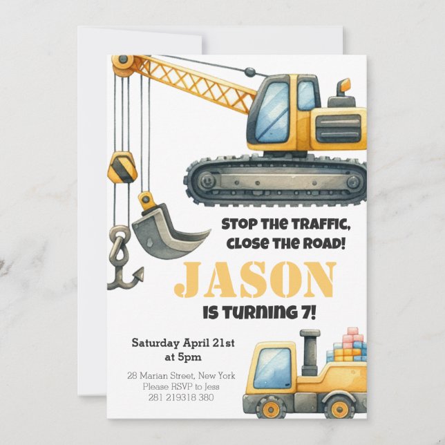 Convite Partido do Aniversário de criança Bulldozer de Con (Frente)