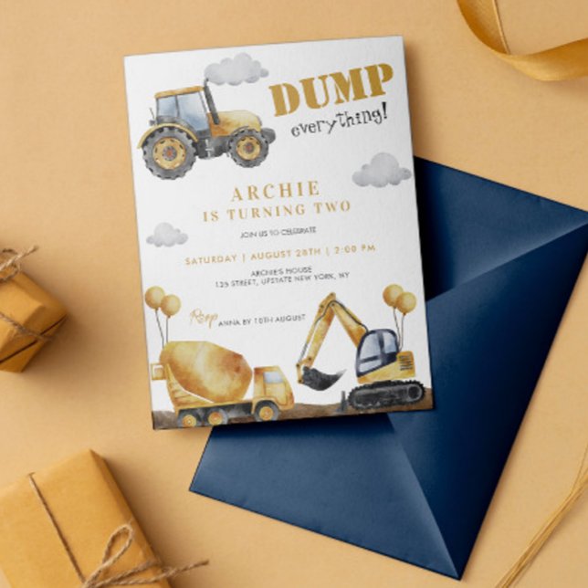 Convite Partido do Aniversário de criança de Caminhão de C (Dump Everything Birthday Boy Construction Dump Truck Yellow Digital Template Birthday Party Invite)
