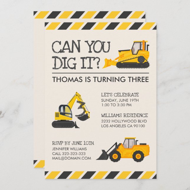 Convite Partido do Aniversário de criança de Construção (Frente/Verso)