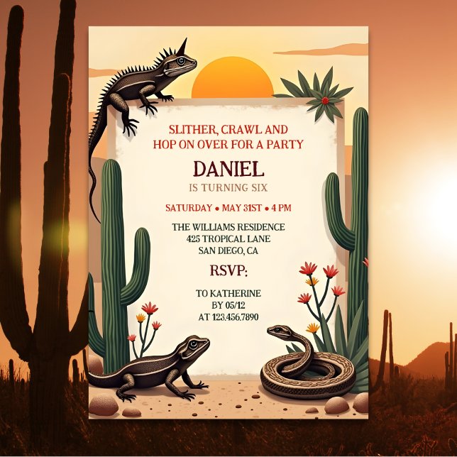 Convite Partido do Aniversário de criança do Deserto, Répt (Desert Snake Reptile Themed Kids Birthday Party Invitation)