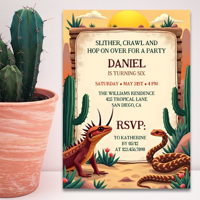 Convite Partido do Aniversário de criança do Tema do Répti (Desert Reptile Themed Kids Birthday Party Invitation)