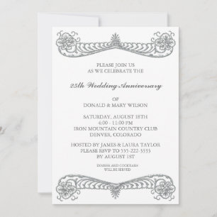Convite Partido do Aniversário do 25 Silver Flower Scrol