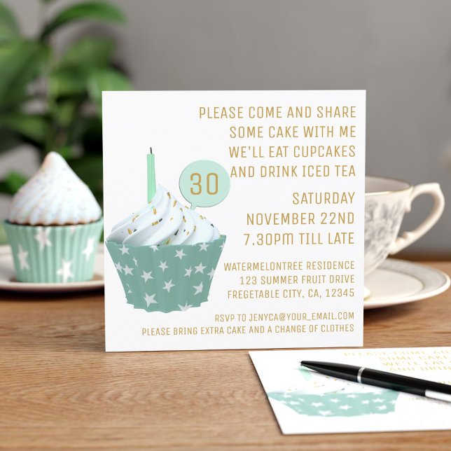 Convite Partido do Chá cupcake do aniversário de 30 anos (Cupcakes and tea - what a lovely 30th birthday party it will be. Just add your details)