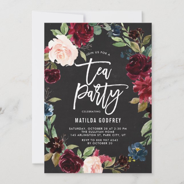 Convite Partido do Chalkboard Russo Autumn Floral Frame Te (Frente)