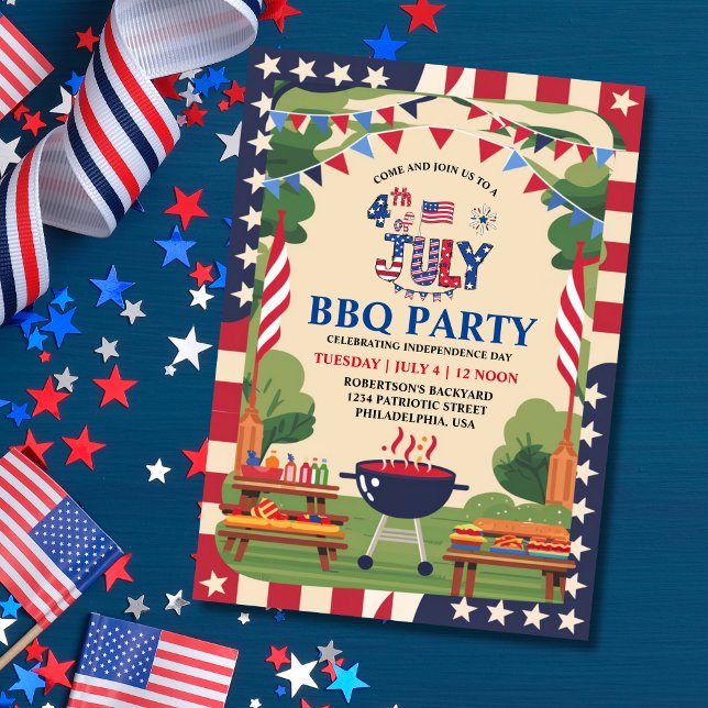 Convite Partido do CHURRASCO do Dia da Independência em 4  (4th of July Independence Day BBQ Party Invitation)